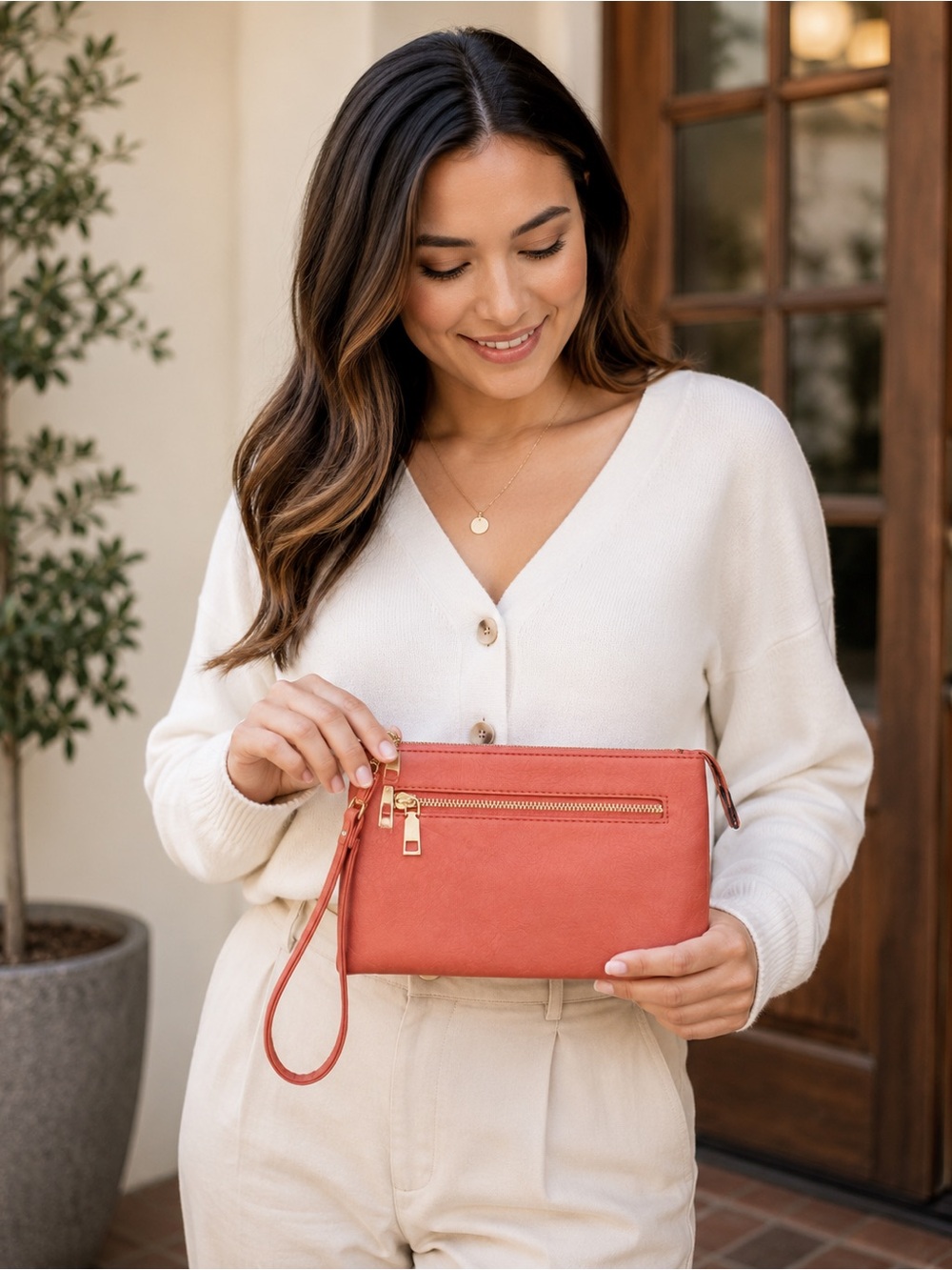 Terracotta Pink Convertible Crossbody Wristlet Clutch